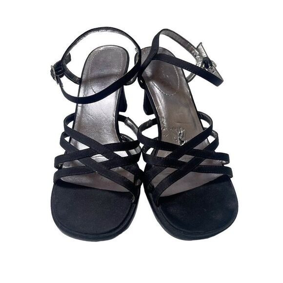 Vintage y2k 00’s Mudd black satin ankle strap buckled heeled sandals size 8 - Picture 2 of 9